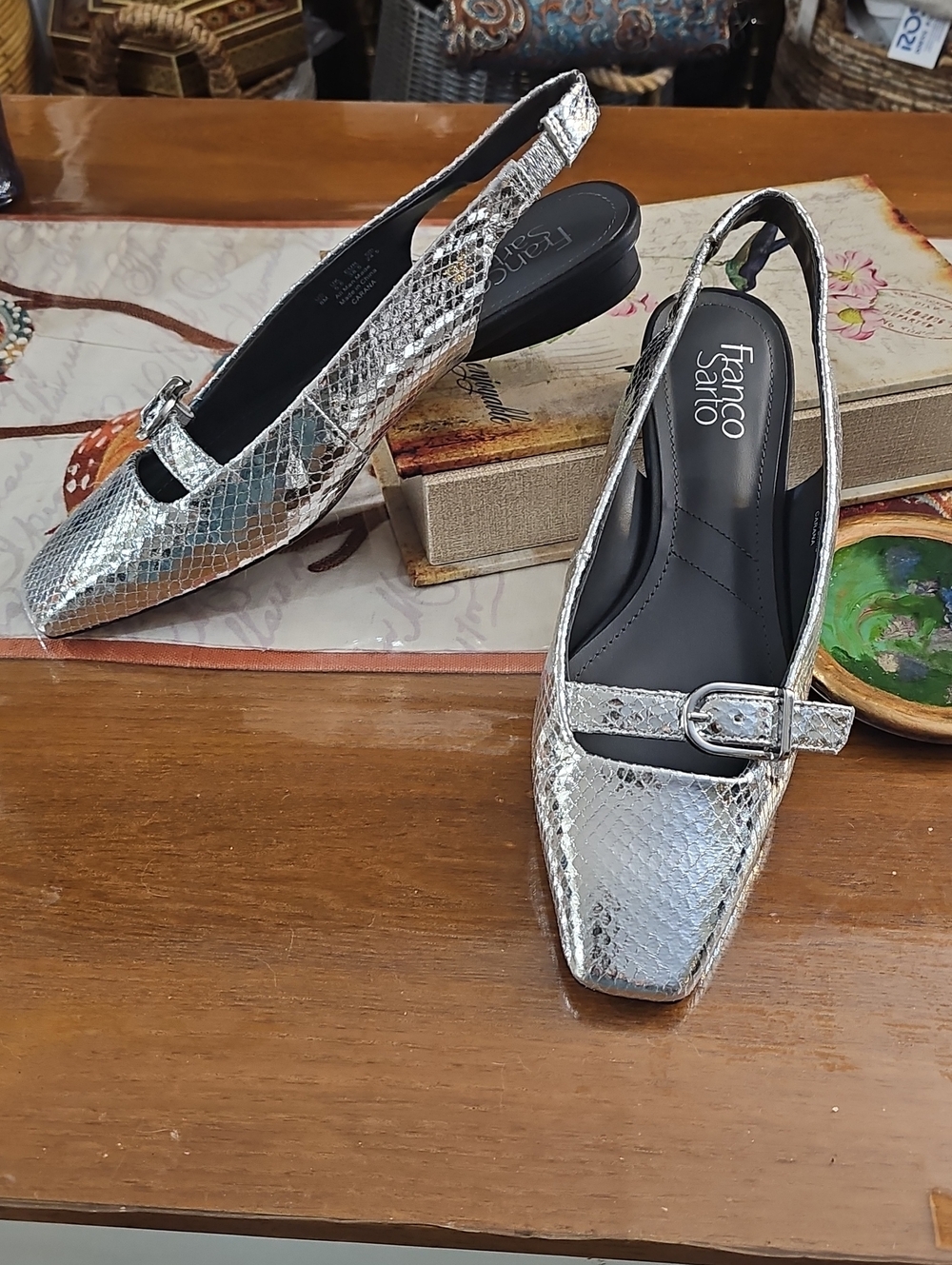 Franco Sarto Metallic Silver Textured Slingback Flats with Buckle
